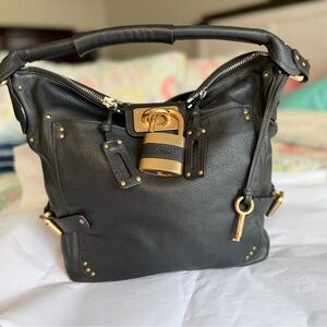 Chloe Black Leather Hobo Bag with Gold Accents